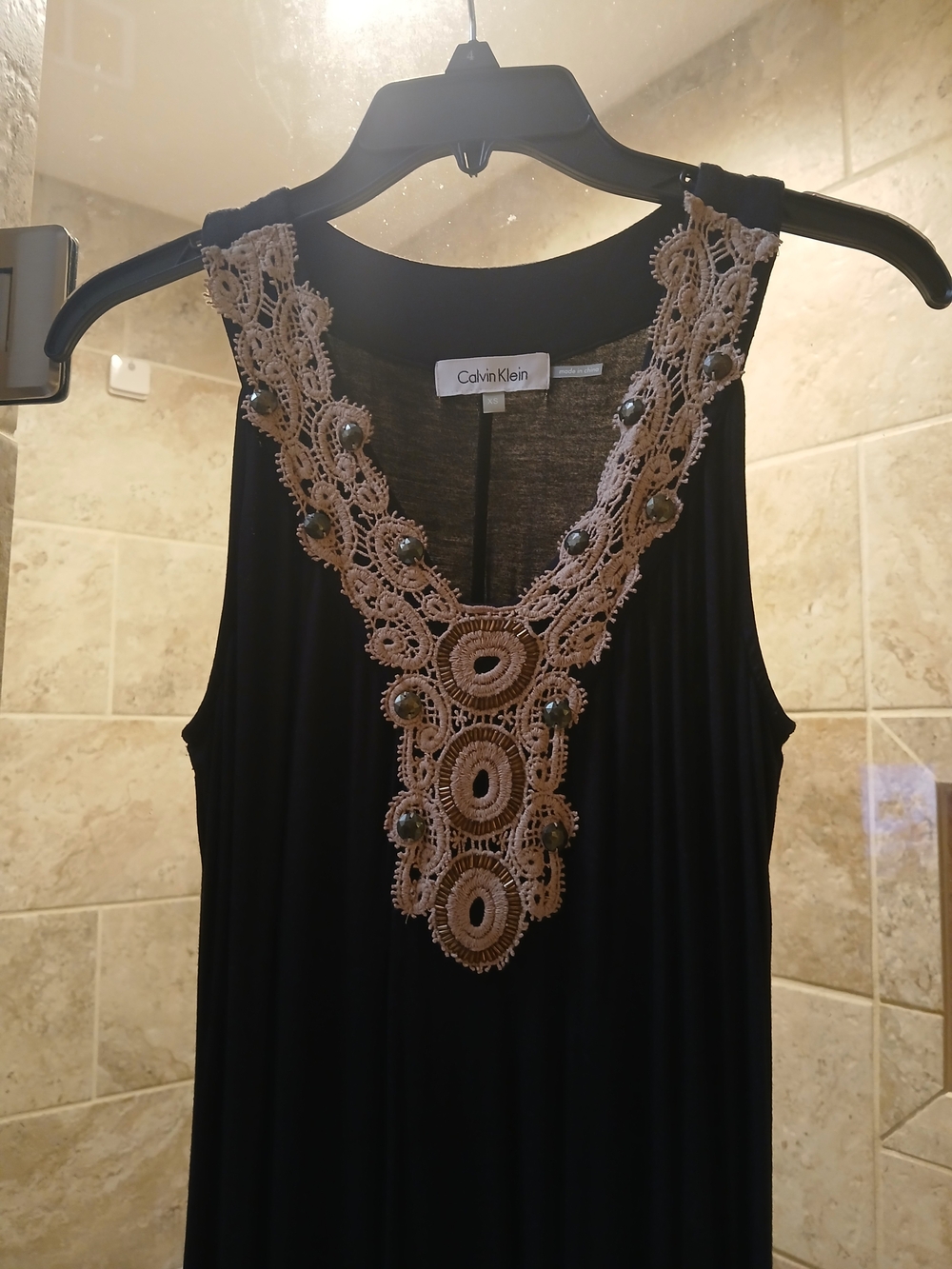 Calvin Klein Black Sleeveless Dress with Beige Crochet Beaded Placket